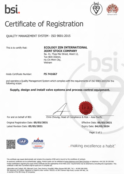 ECOZEN đạt chứng nhận ISO 9001:2015 (Bản tiếng Anh)
