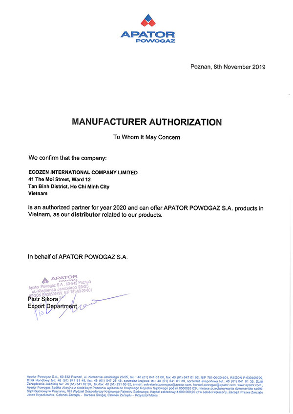 Giấy ủy quyền Apator