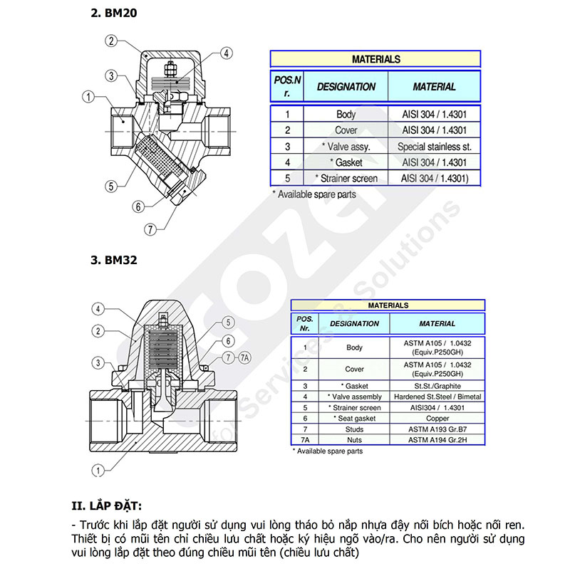 Hướng dẫn lắp đặt và bảo trì Bẫy hơi lưỡng kim Ada Model BS, BM