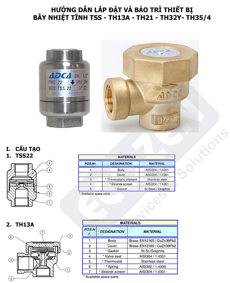 Hướng dẫn lắp đặt và bảo trì Bẫy hơi nhiệt tĩnh Adca Model TSS, TH