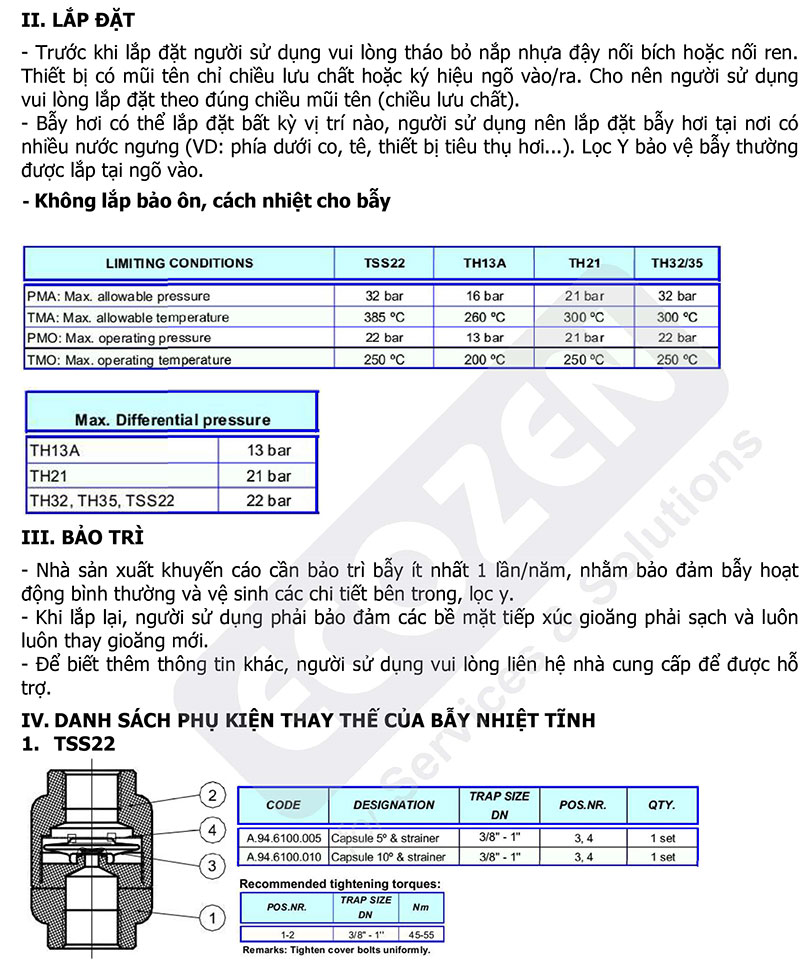 Hướng dẫn lắp đặt và bảo trì Bẫy hơi nhiệt tĩnh Adca Model TSS, TH