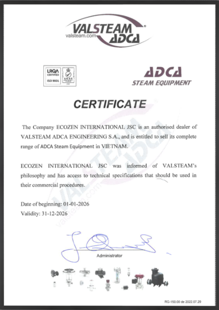 Giấy chứng nhận ủy quyền VALSTEAM ADCA - Ecozen