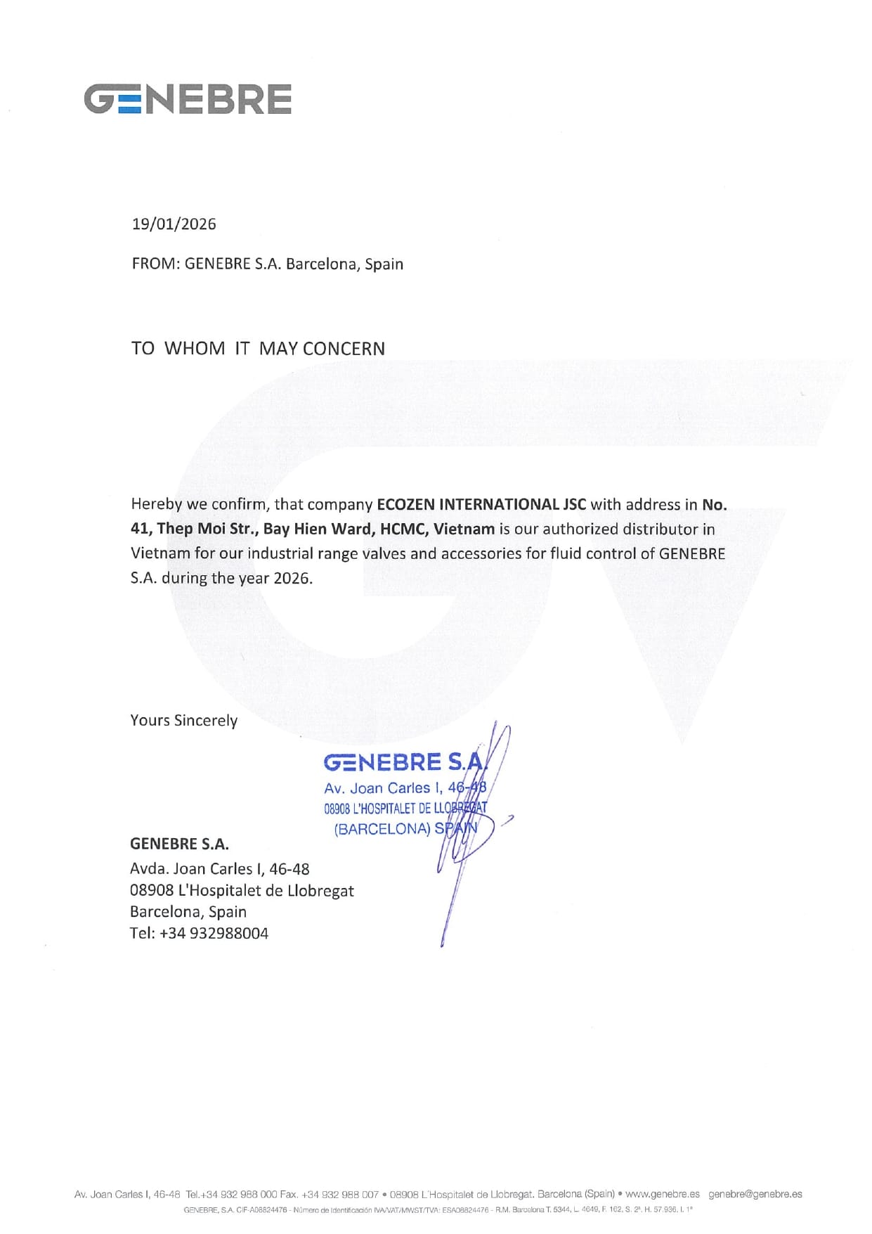 Giấy ủy quyền Genebre 2026